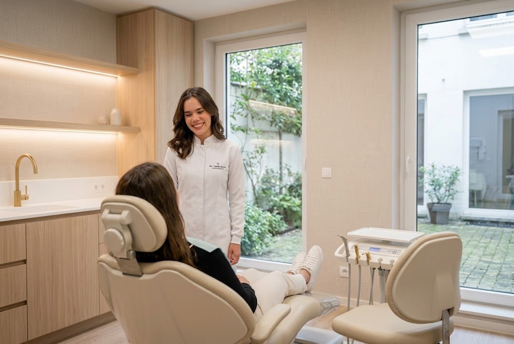 Consultório odontológico acolhedor com a Dra. Isabella Amorim sorrindo